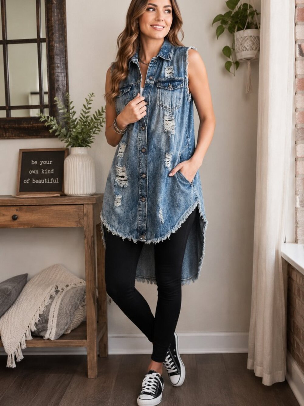Thrill Distressed Denim Sleeveless Tunic Shirt Dress High Low Acid Wash Size M